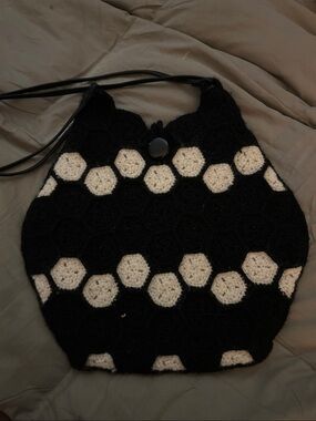 Black Crochet Shoulder Bag with Cream Hexagon Accents